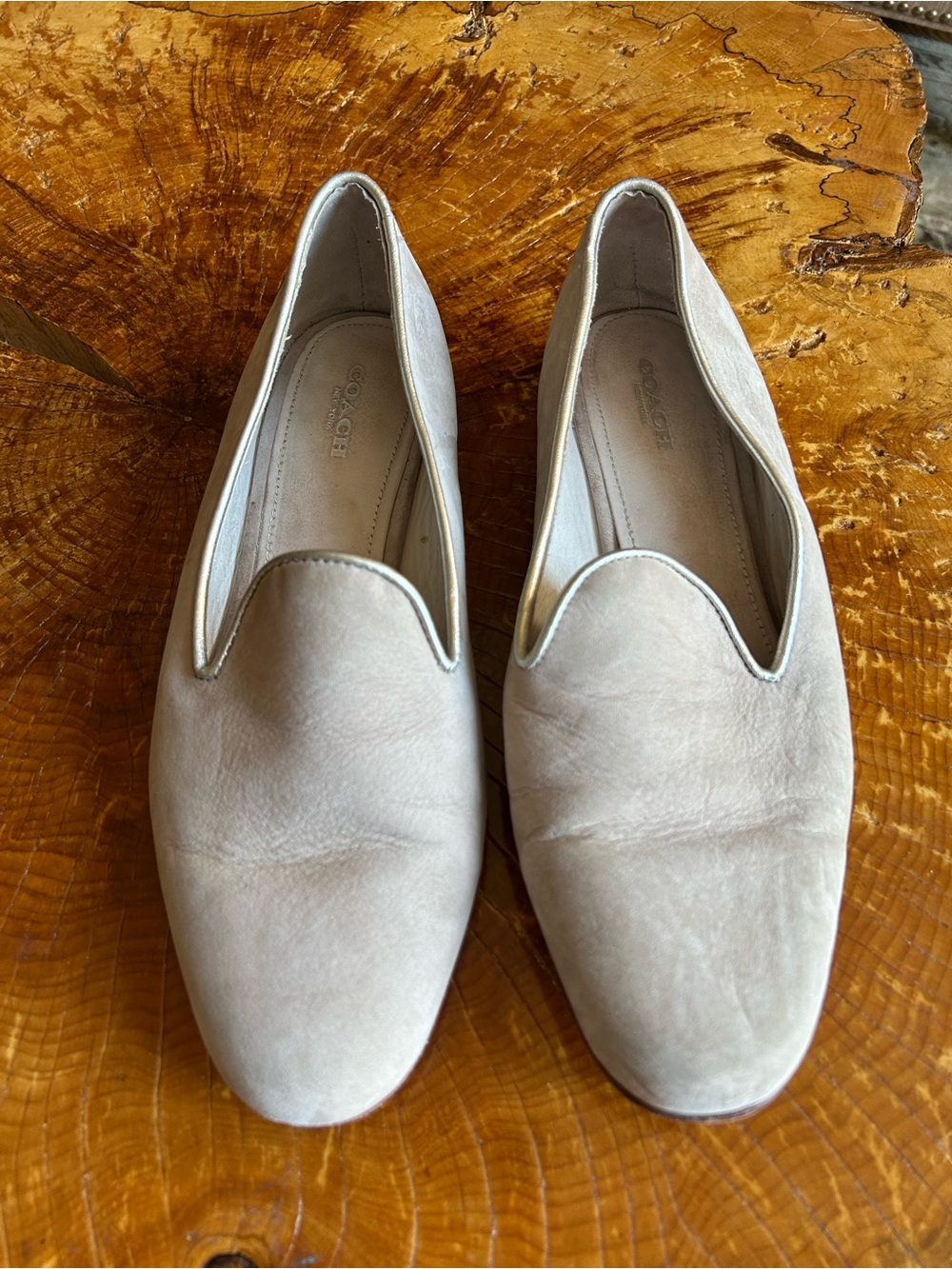 Coach Cream Suede Slip-On Loafers with Subtle Gold Trim